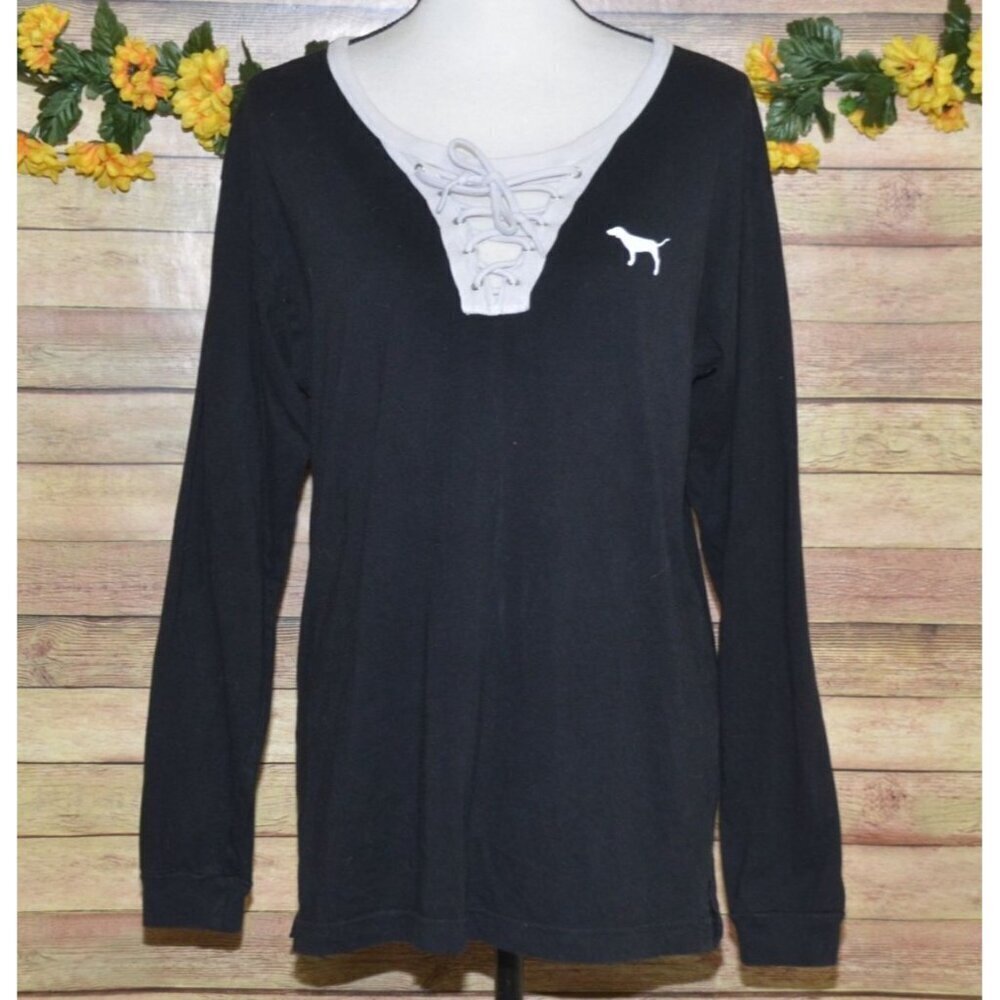 Pink Victoria Secret Size S Long Sleeve Shirt Drawstring V-Neck Dog Logo Casual